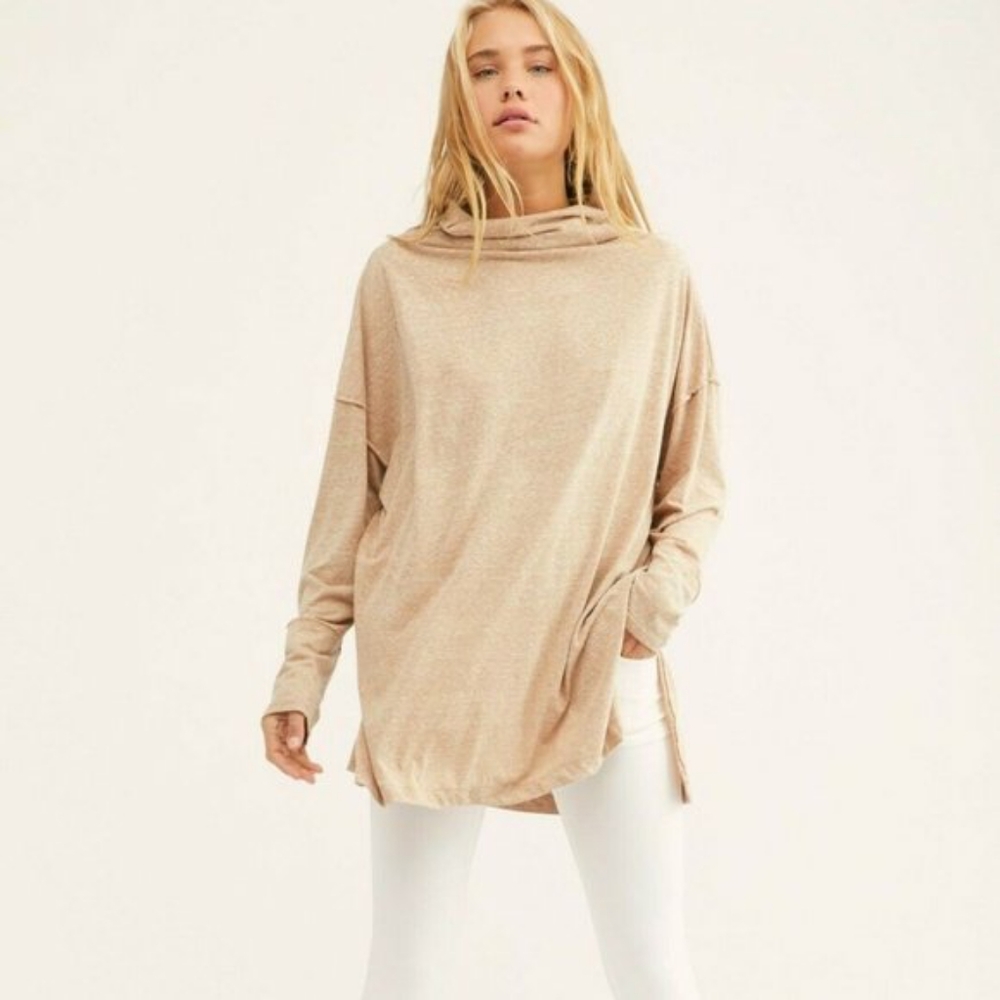 Free People Bella Vista Thermal Tunic Top Oversized Beige Large L Cowl Neck
